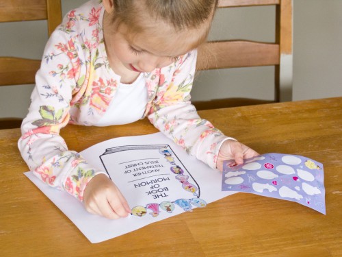 General Conference sticker art pages for preschoolers. Use small stickers to cover the picture outlines.