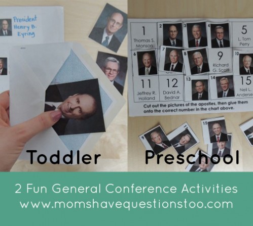 Two awesome general conference activities for toddlers and preschoolers. All printables are free and included in the post. Envelope picture match for toddlers and Cut and Paste Apostles for preschoolers.