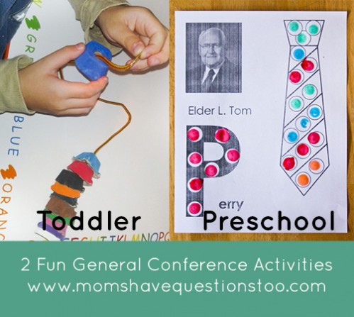 General Conference activities for preschoolers and toddlers. Egg carton beading is fun for toddlers and practices fine motor skills. The printable apostle dot marker pages are free and kids love them!