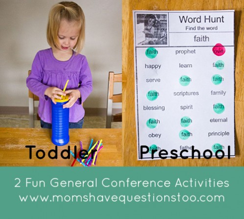 Two General Conference Activities that will keep your preschooler and toddler busy. Print off the free word hunt worksheets and give your toddler some pipe cleaners to keep them both happy and busy during General Conference.