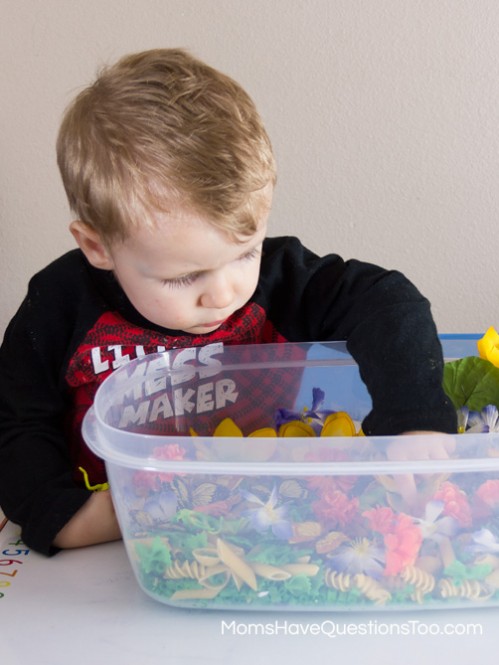 Playing with a spring sensory bin with items from the dollar store - Moms Have Questions Too