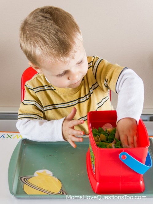 Pasta Hide and Seek - Space Themed Tot School Trays - Moms Have Questions Too