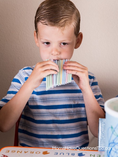 Playing the straw whistle - Toddler Music Activity - Homemade Instruments - momshavequestinostoo.com