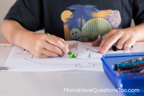 Coloring the house from the cut and paste activity - Moms Have Questions Too