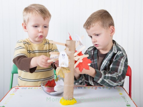 Haning Ghosts and Leaves on Popsicle Stick Tree - Fine Motor Activity - Moms Have Questions Too