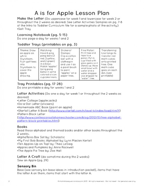 Sample Lesson Plan from Moms Have Questions Too Toddler Curriculum