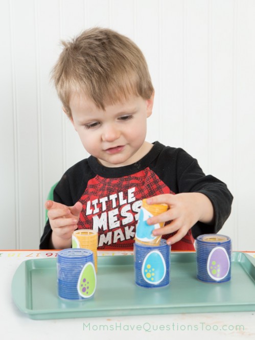 Fine motor color matching eggs and dinosaurs - Moms Have Questions Too