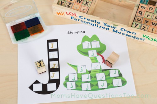 Stamping pages with Melissa and Doug alphabet stamps - Moms Have Questions Too
