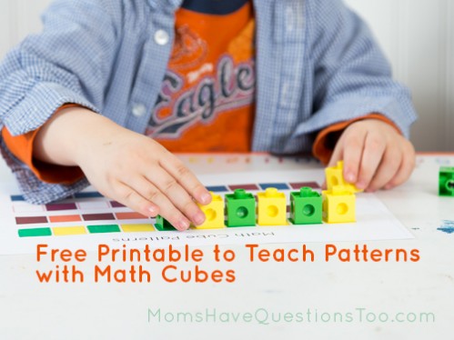 Use this free printable with math cubes to make patterns. Teaches math skills and fine motor skills! Moms Have Questions Too