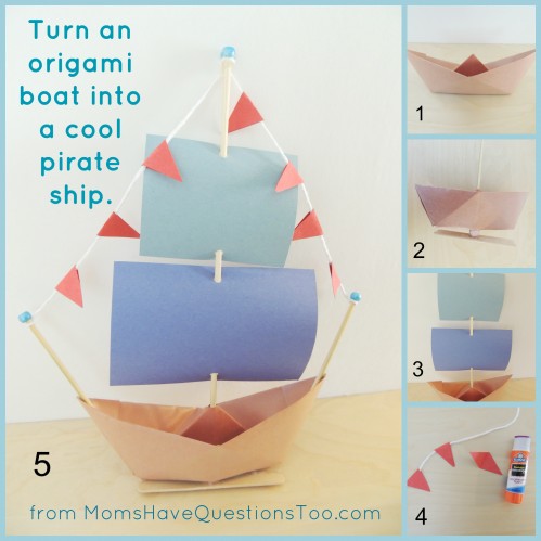This awesome pirate ship craft only needs construction paper, yarn, beads, and 2 skewers. Add contact paper so it can float in water. Directions for origami boat is in the post.