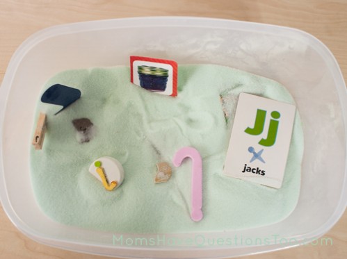 J sensory bin. J is for Jungle Toddler School. Tons of great ideas to teach the letter J, plus beading, sorting,and more!