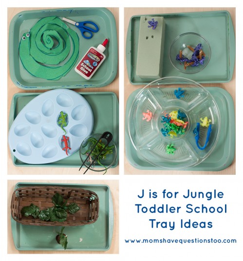 J is for Jungle Toddler School Trays. Tons of great ideas to teach the letter J, plus beading, sorting,and more!