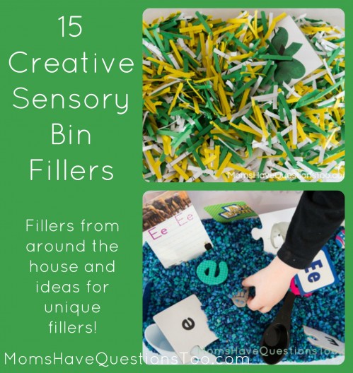 15 Creative sensory bin fillers. Includes both common and unique ideas. Also has container ideas for sensory bins!