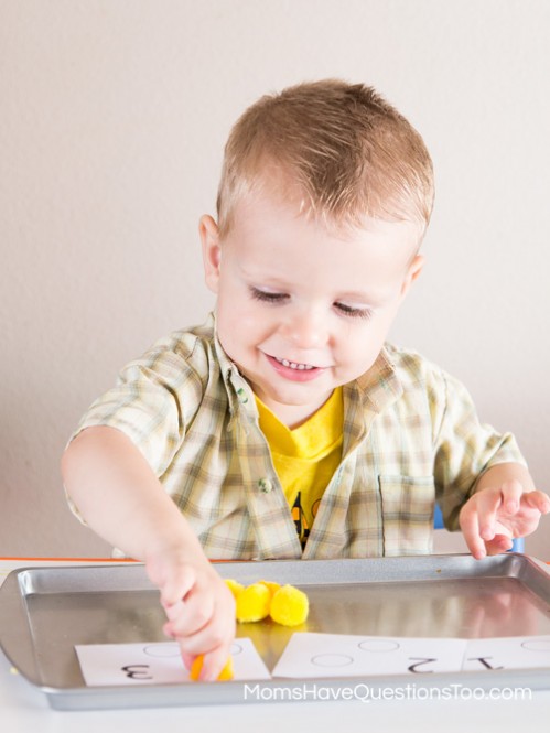 Teach numbers and counting with tot trays. Ideas for number cards, numbered cups and objects, printables, and dice activities.