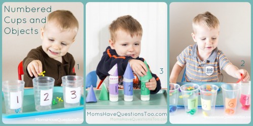 Teach numbers and counting with tot trays. Ideas for number cards, numbered cups and objects, printables, and dice activities.