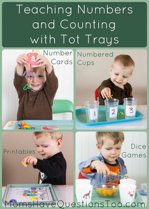 Teach numbers and counting with tot trays. Ideas for number cards, numbered cups and objects, printables, and dice activities.