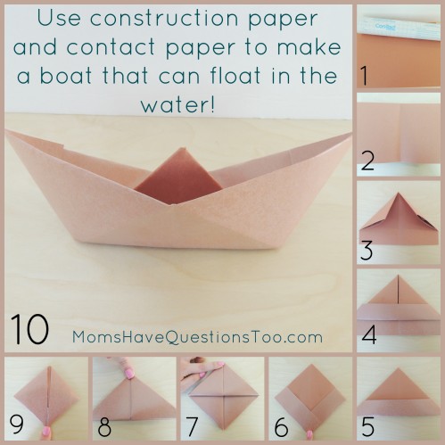 Directions to make an origami boat. Add contact paper for it to float in water. Add a few items from around the house to make an awesome pirate ship craft.