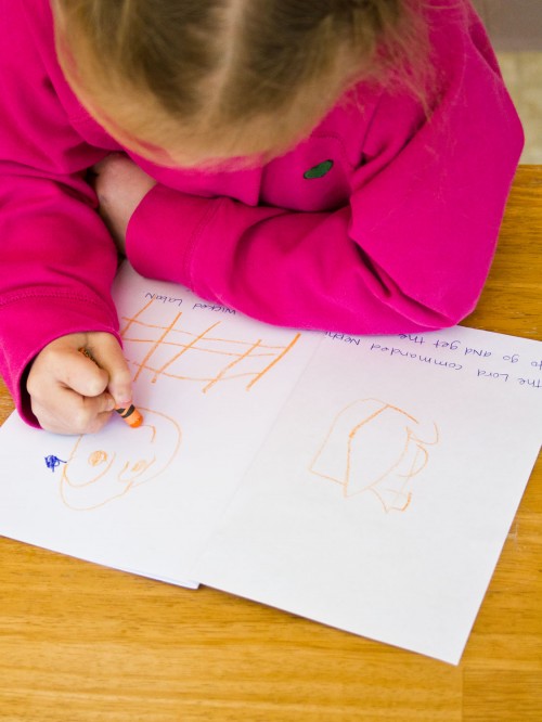 Fun idea that's perfect for General Conference - illustrate a primary song. Fold some paper in half, write the words to a primary song across the bottom and have your child draw a picture to go along with the words.