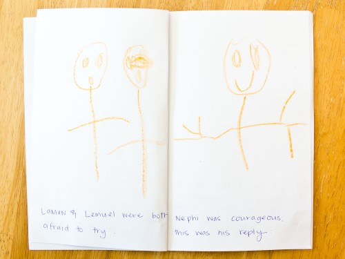 Fun idea that's perfect for General Conference - illustrate a primary song. Fold some paper in half, write the words to a primary song across the bottom and have your child draw a picture to go along with the words.