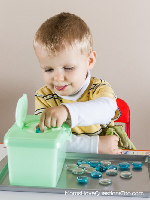 Glass Gems in Wipes Container - Space Themed Tot School Trays - Moms Have Questions Too