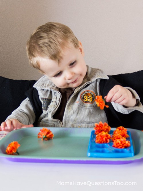 Flowers in Ice Cube Tray - Spring Tot School Trays - Moms Have Questions Too