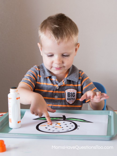 Orange Finger Painting with Dot Markers for Tot School Trays - Moms Have Questions Too