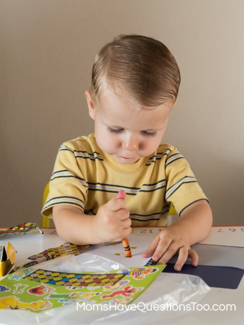 Coloring as part of a simple busy bag for toddlers - Moms Have Questions Too