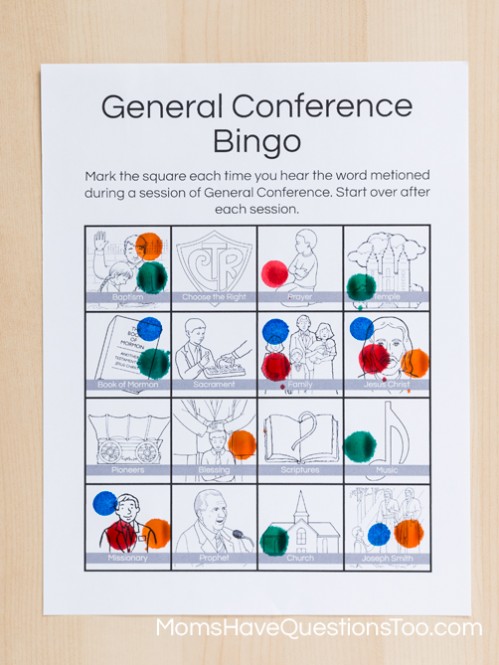 Use dot markers for General Conference Bingo - Moms Have Questions Too