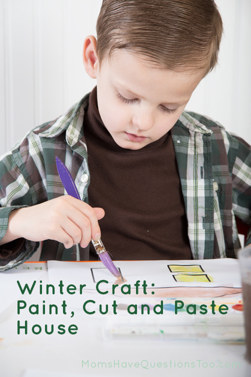 Painting the door for a watercolor cut and paste winter craft Moms Have Questions Too