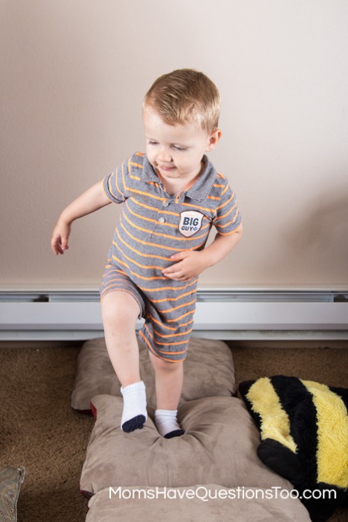 Walking on Pillows for Gross Motor Development - Moms Have Questions Too