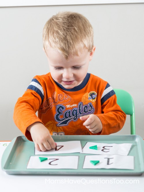 Teach numbers and counting with tot trays. Ideas for number cards, numbered cups and objects, printables, and dice activities.