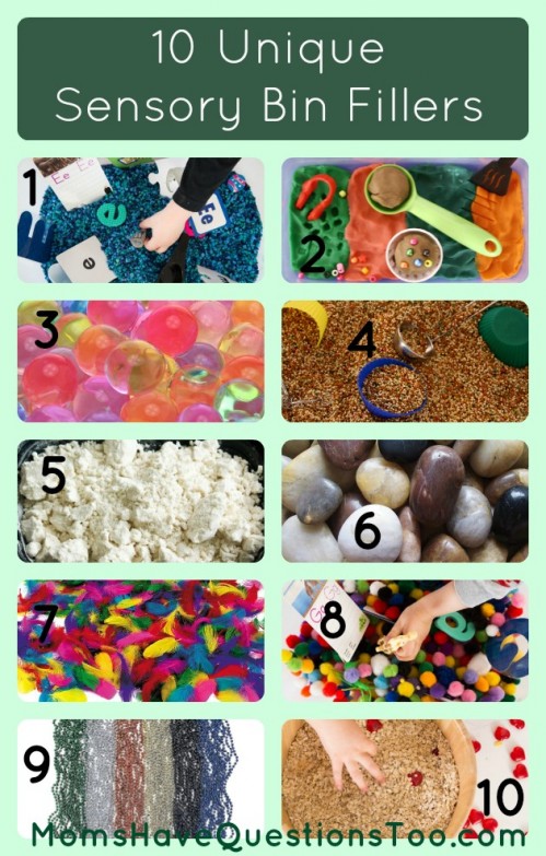 15 Creative sensory bin fillers. Includes both common and unique ideas. Also has container ideas for sensory bins!