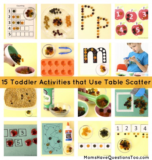 15 toddler activities that use table scatter (also called math manipulatives). These teach counting, creativity, fine motor, and more!